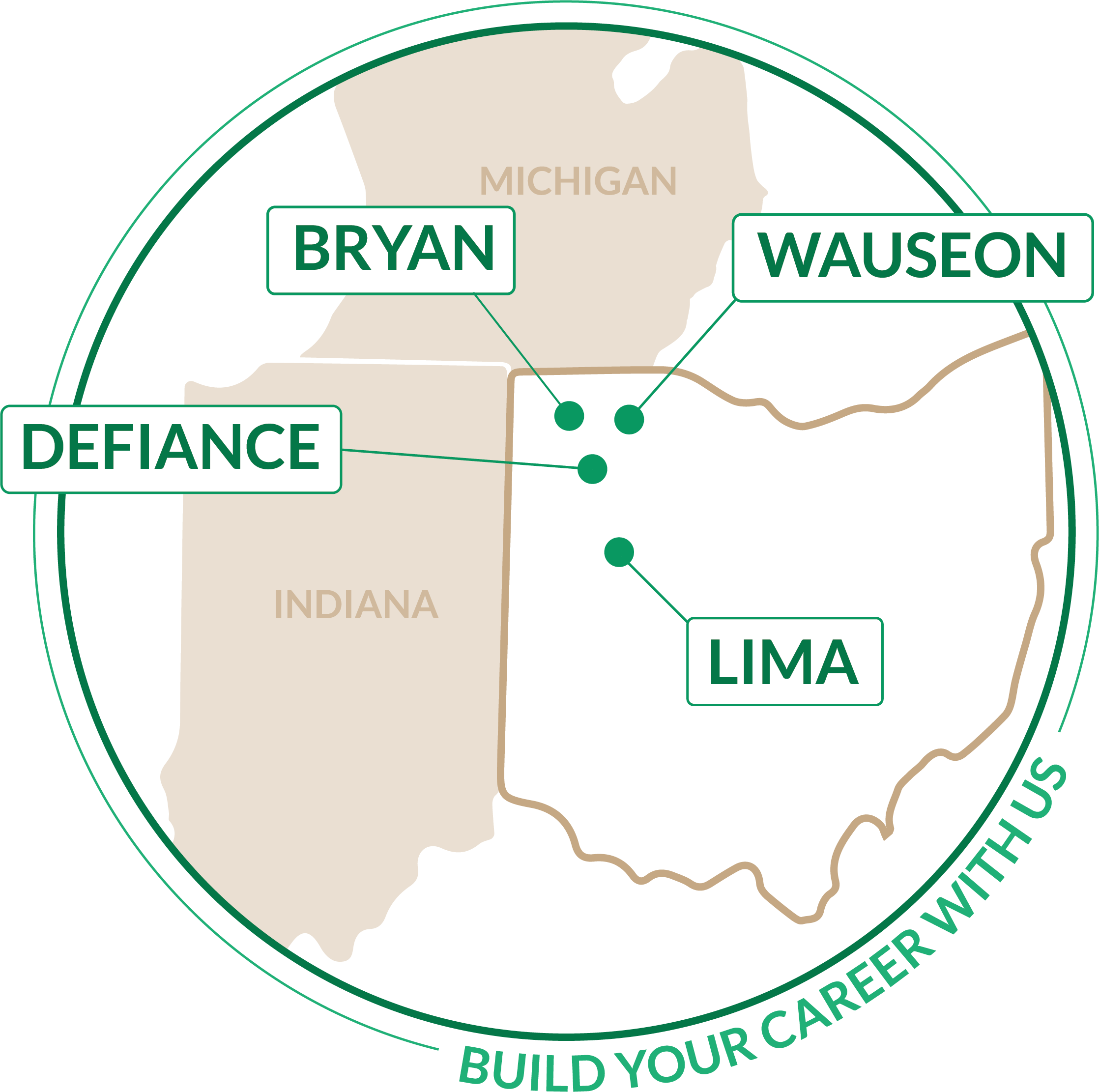 Map of aja Behavioral locations in Northwest Ohio: Bryan, Wauseon, Defiance, Napoleon, and Lima